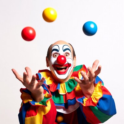Clown juggling colorful balls