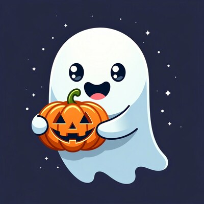 Cute ghost holding jack-o-lantern
