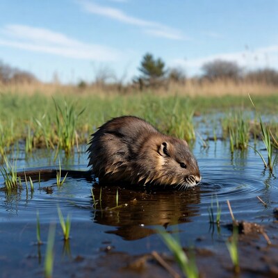 Muskrat drinking from wetland water