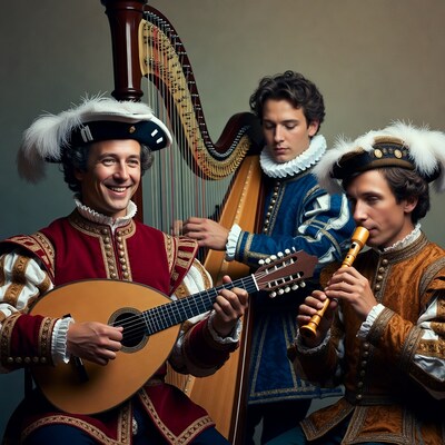 Three men in Renaissance costumes playing lute harp flute