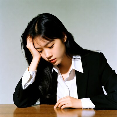 Asian woman resting head on hand at desk