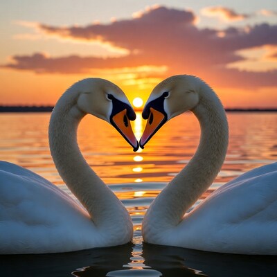 Two swans forming heart at sunset