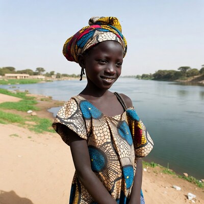 African girl in colorful dress by river