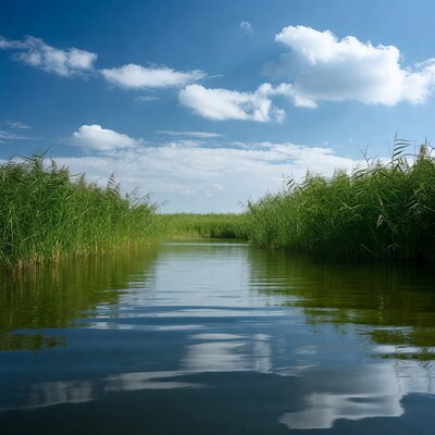 Reed-lined water channel under blue sky