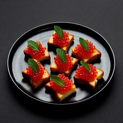 Caviar Toast with Mint on Black Plate