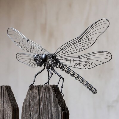 Wire Dragonfly Sculpture on Wooden Fence