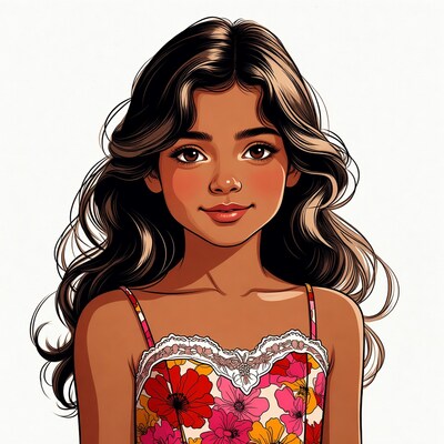 Smiling girl in floral camisole illustration