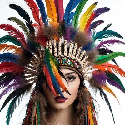 Woman in colorful feather headdress