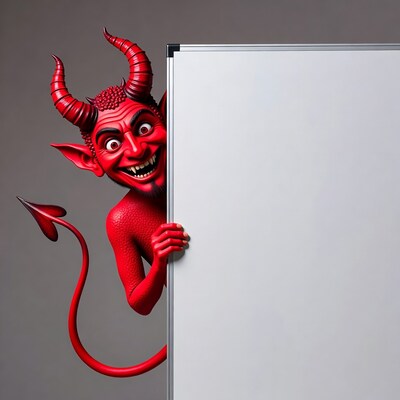 Cartoon devil peeking behind whiteboard