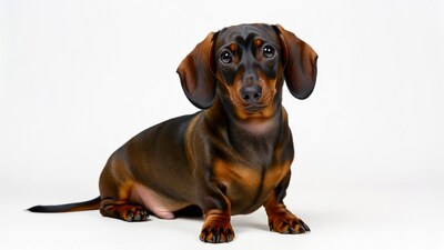 Brown Dachshund sitting on white background