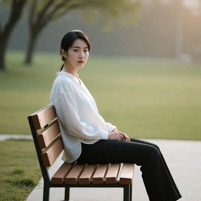Asian woman sitting on park bench