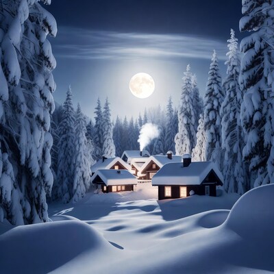 Snowy Cabins in Forest Under Full Moon