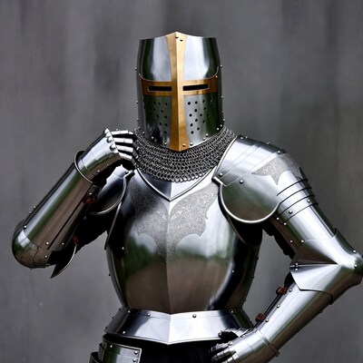 Knight in silver armor posing