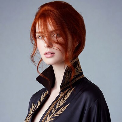 Redhead woman in gold-embroidered black jacket