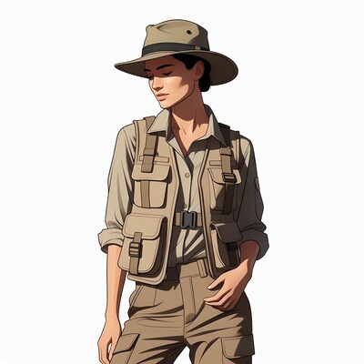 Woman in safari outfit with hat