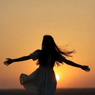 Woman spreading arms at sunset silhouette