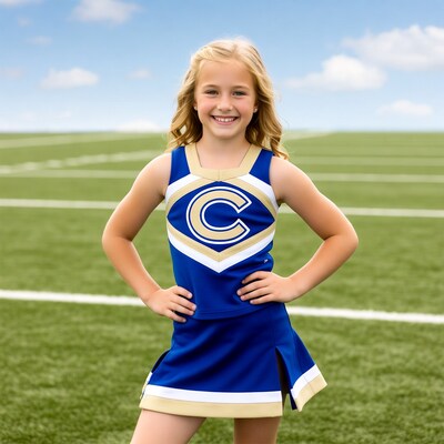 Blonde girl in cheerleader uniform on field