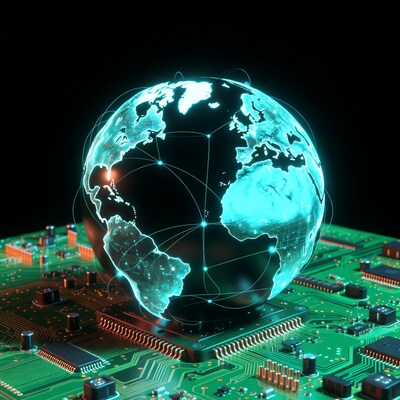Glowing Earth Globe on Circuit Board