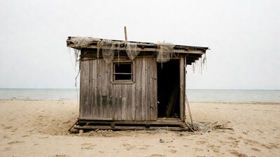 Old fishing shack on beach