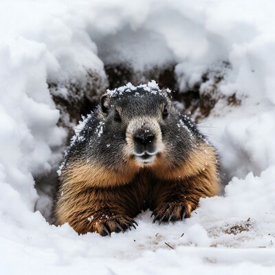 Marmot emerging from snowy burrow