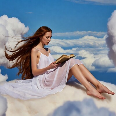 Redhead woman reading book on clouds