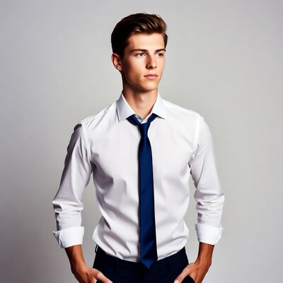 Young man in white shirt blue tie