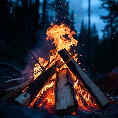 Campfire burning in forest at night