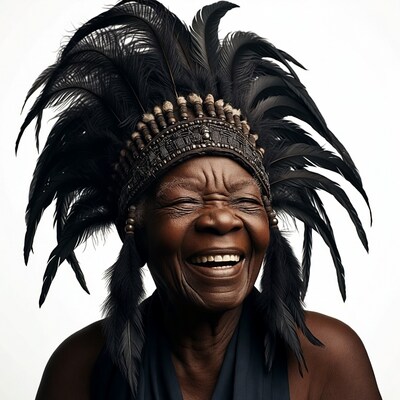 Elderly African woman laughing in feather headdress