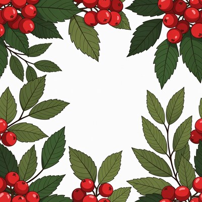 Red Berries with Green Leaves Border