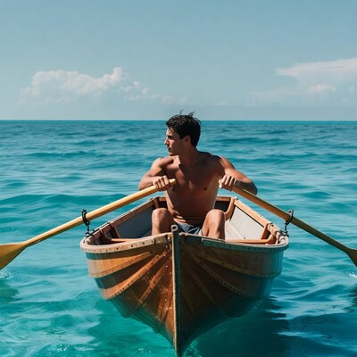 Man rowing wooden boat in turquoise sea