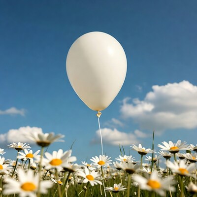 White balloon over daisy field