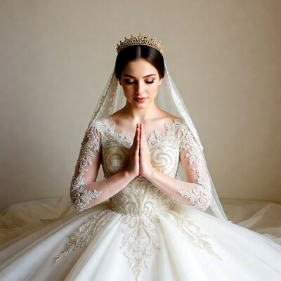 Bride praying with hands clasped