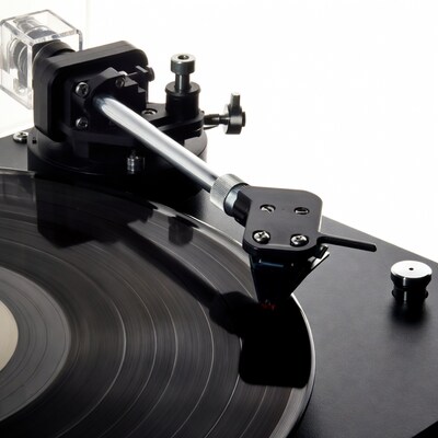 Black Turntable with Tonearm and Vinyl Record