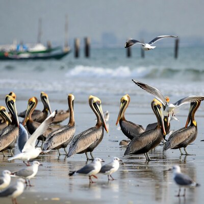 Flock of Pelicans on Beach