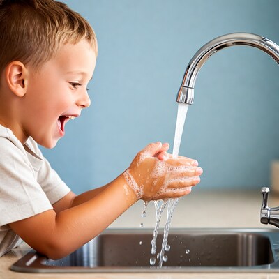 Boy washing hands at sink