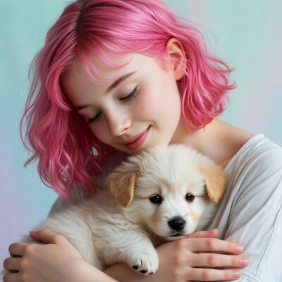Girl hugging cute white puppy
