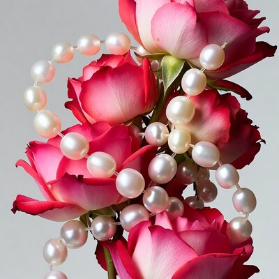 Pink Roses with Pearl Necklace