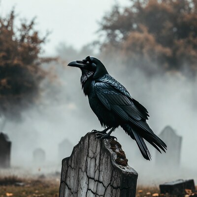 Raven Perched on Gravestone
