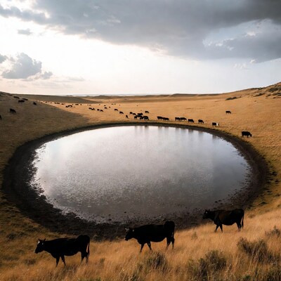 Cows grazing around pond in golden field