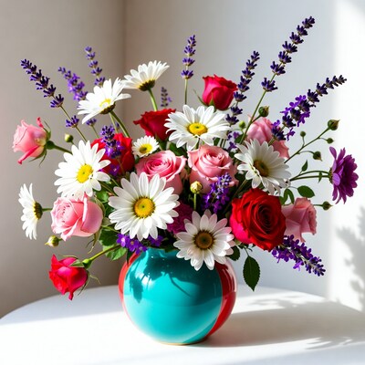 Colorful Flower Bouquet in Blue Vase