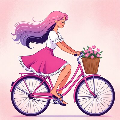 Woman riding pink bicycle with flowers