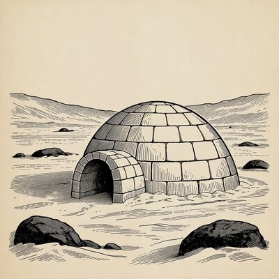 Igloo in snowy landscape illustration