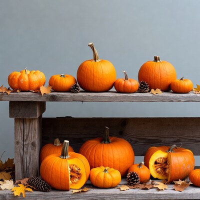 Assortment of pumpkins on wooden shelf