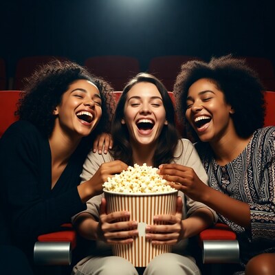Three women laughing with popcorn in cinema