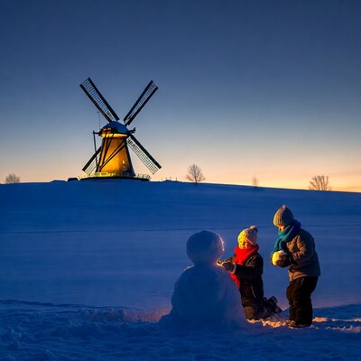 Children building snowman near windmill