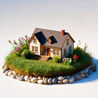 Miniature house on grassy island