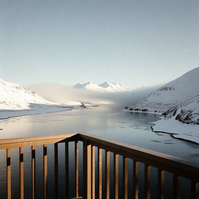 Snowy Mountains and Fjord from Wooden Deck