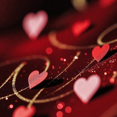 Pink and Red Hearts on Red Background