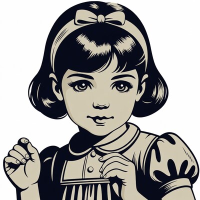 Girl holding sign in vintage illustration