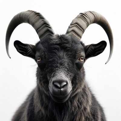 Black goat with large horns
